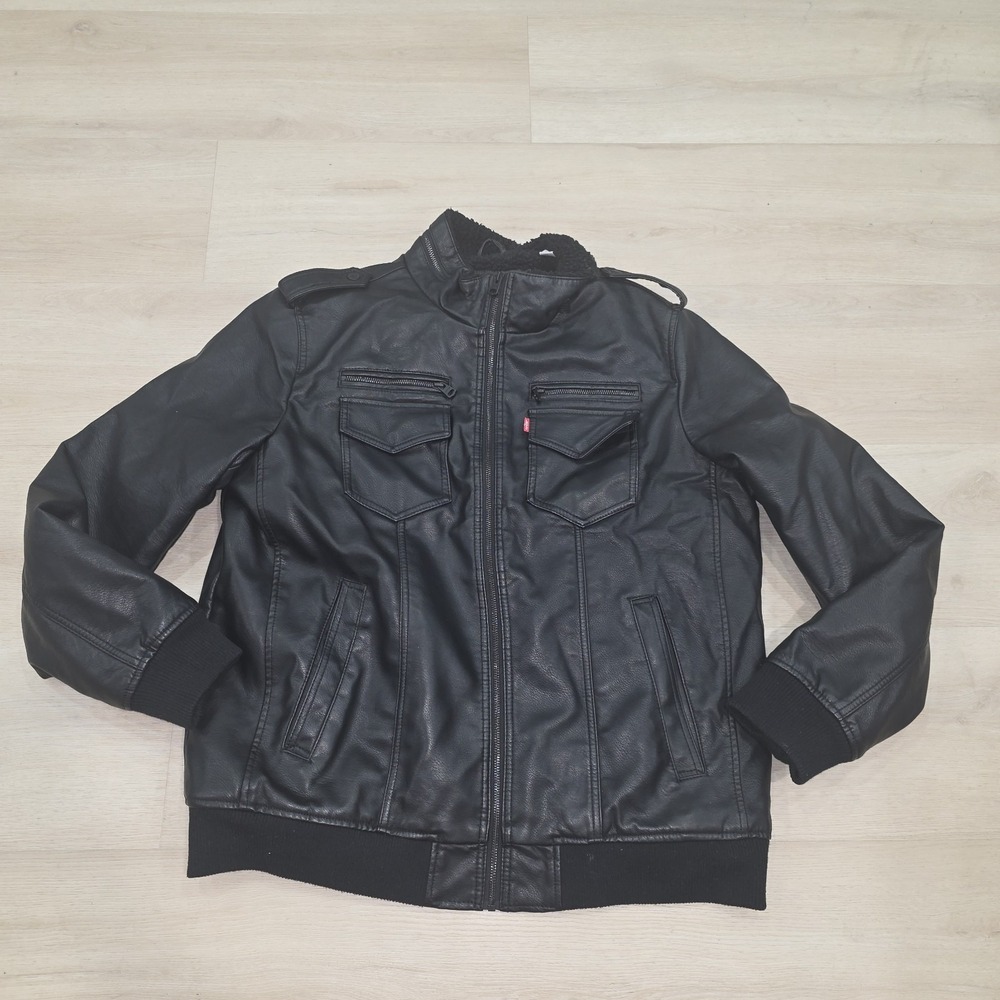 Levis Faux Leather Jacket Coat Sherpa Lined Black Aviator Bomber Size XL - Picture 2 of 15